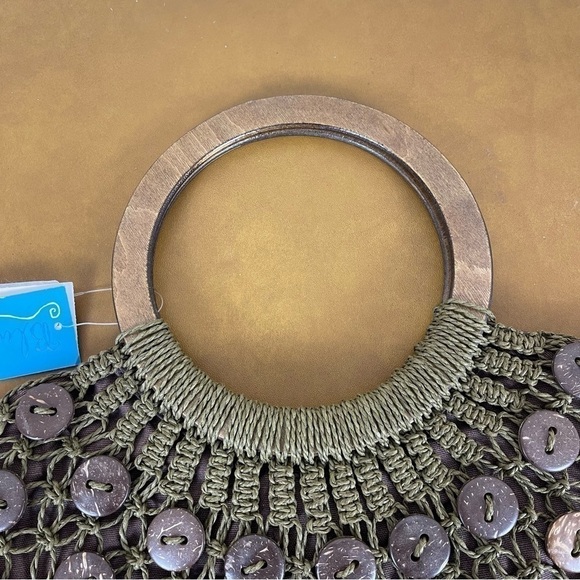 Blue Miami Woven Wooden Handle Button Embellished Bohemian Purse - Picture 2 of 11